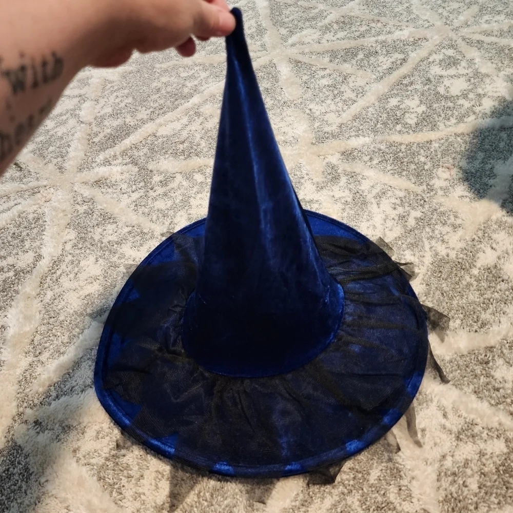 Blue Velvet Velour Black Lace Witch Hat Girl's One Size OS Halloween Costume EUC